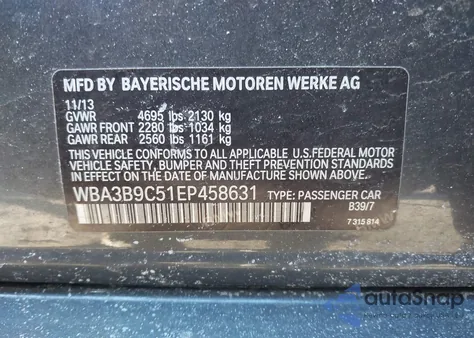 2014 BMW 335I xDrive z USA, uszkodzony, nr VIN WBA3B9C51EP458631